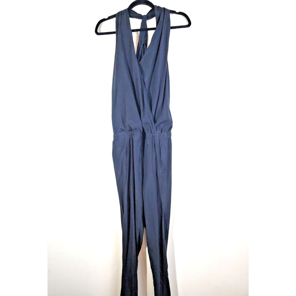 Vince Womens XS Jumpsuit Black‎ SILK Wrap Front Pockets Straight Leg Luxury